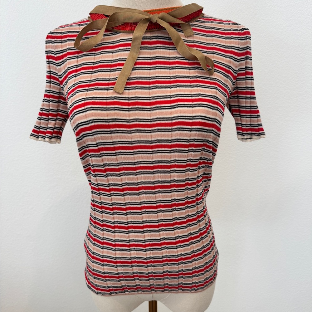 (SOLD) Vintage PRADA Striped Embellished Wool Knit Top with Ribbon Tie